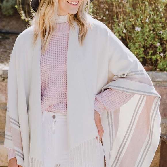 Causebox Siizu Striped Poncho Fringe Trim Scarf Wrap Cream Pink Gray